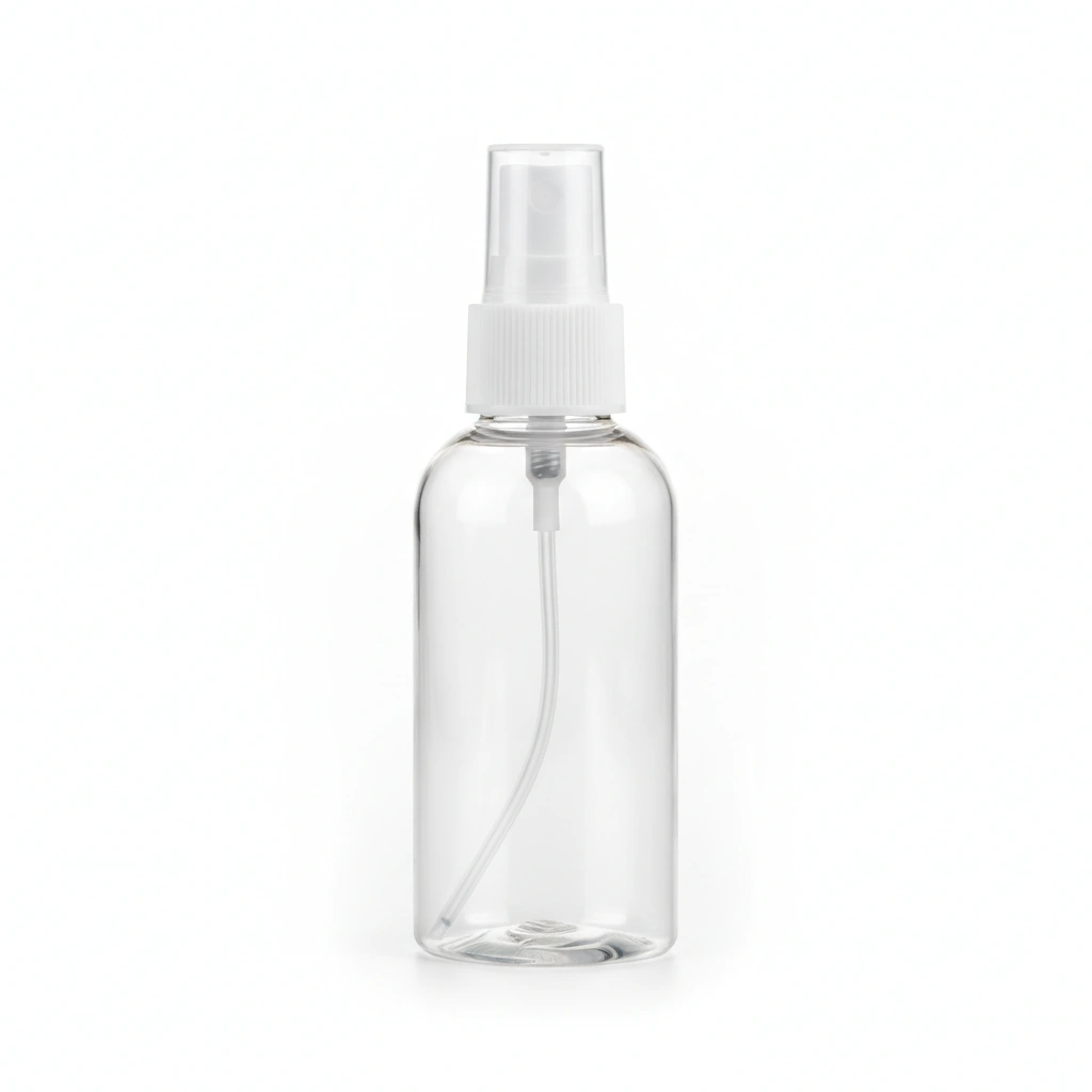 100 ML, CLEAR PET, CYLINDER ROUND BOTTLE WITH FINE MIST SPRAYER CAP