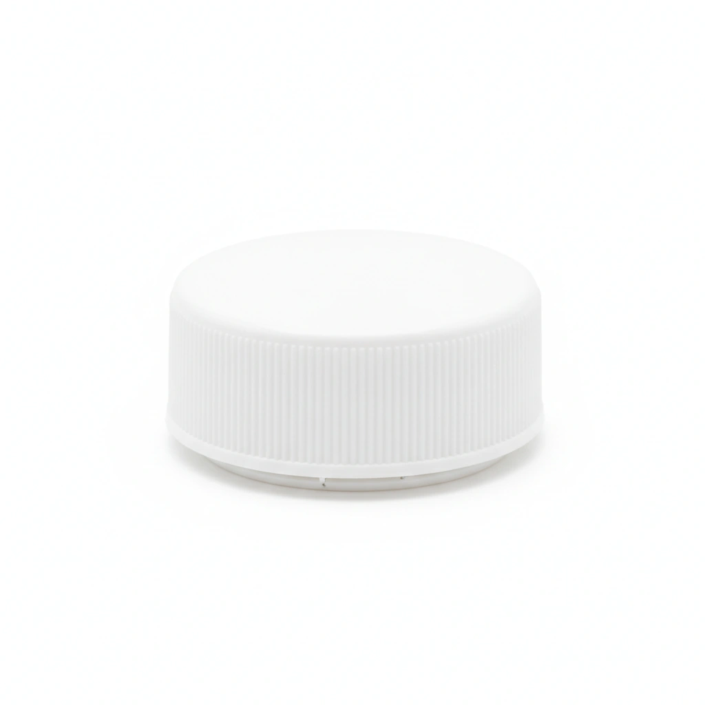 120-TL CAP, WHITE PP, DEEP SKIRT, PRESSURE SENSITIVE LINER, RIBBED SKIRT, SMOOTH TOP