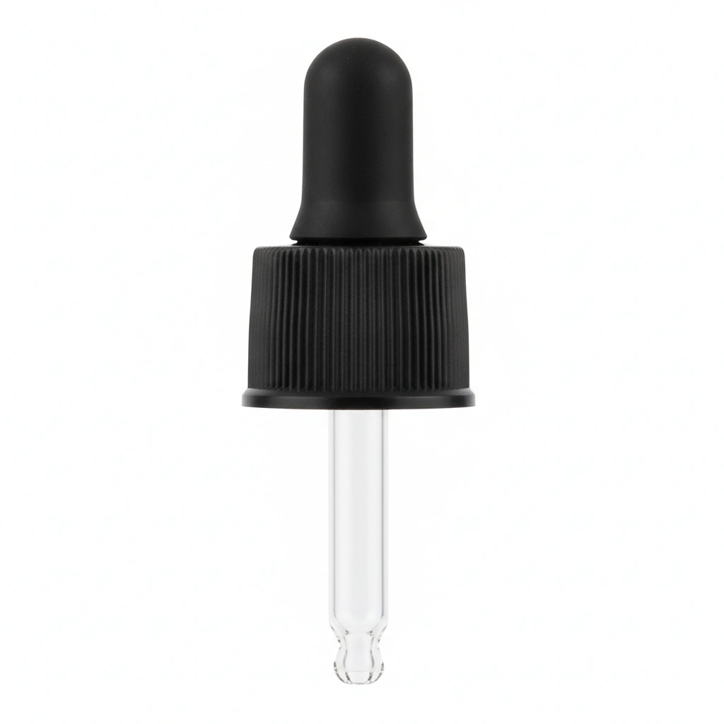 18-415 CAP, BLACK PP, DROPPER, TAMPER EVIDENT, RIBBED SKIRT, GLASS PIPETTE (FOR 30 ML GLASS BOTTLE)