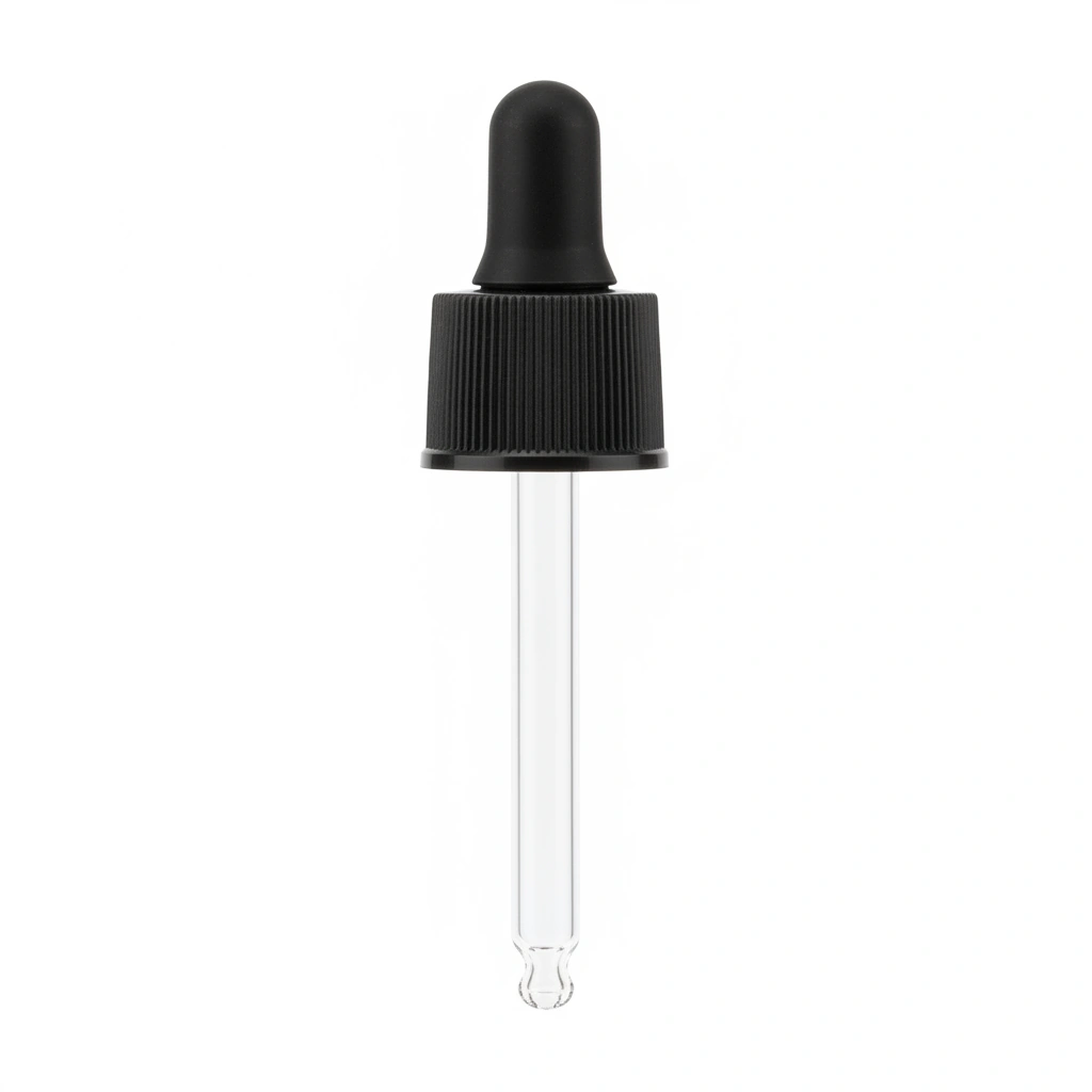 20-400 CAP, BLACK PP, DROPPER, FOAM, RIBBED SKIRT, 76MM GLASS PIPETTE