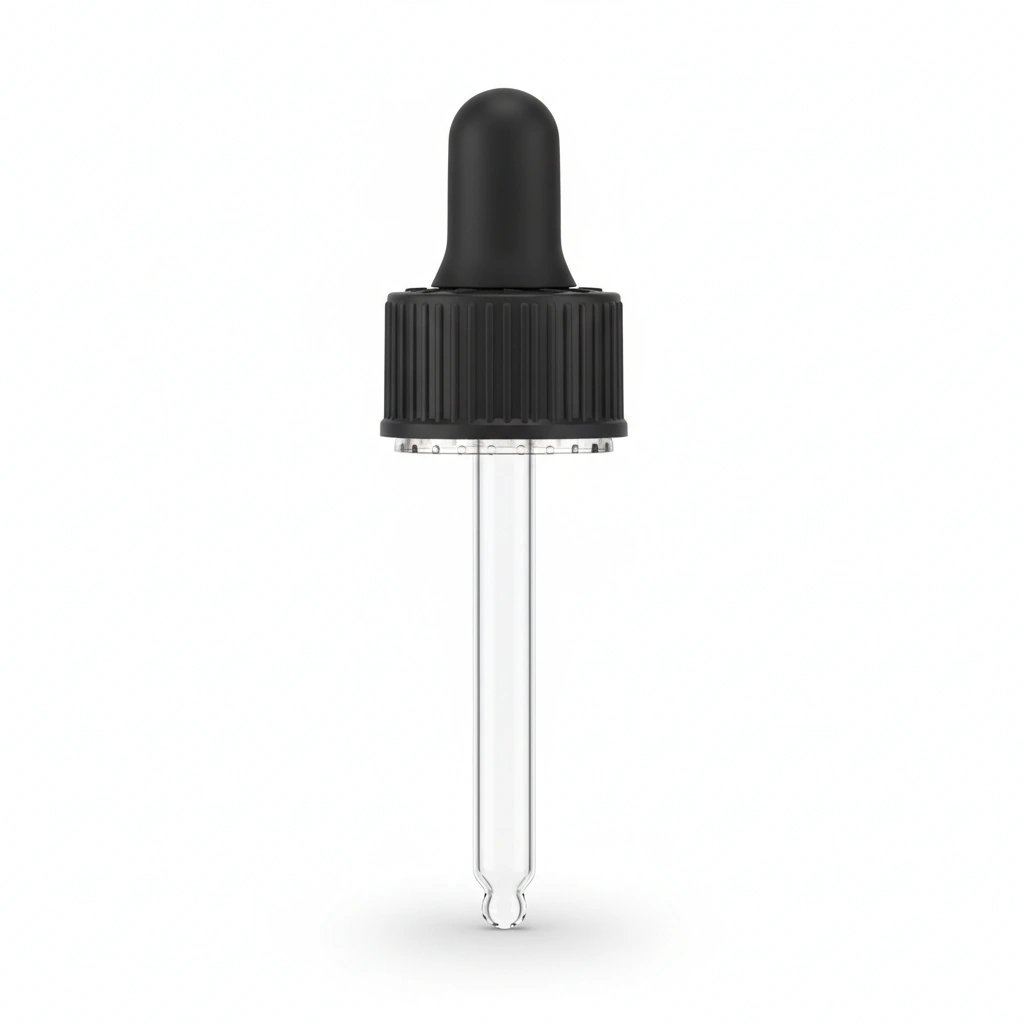 18-415 DROPPER ASSMBLY, BLACK PP, RIBBED SKIRT, TAMPER EVIDENT, CHILD RESISTANT, 94MM GLASS PIPETTE
