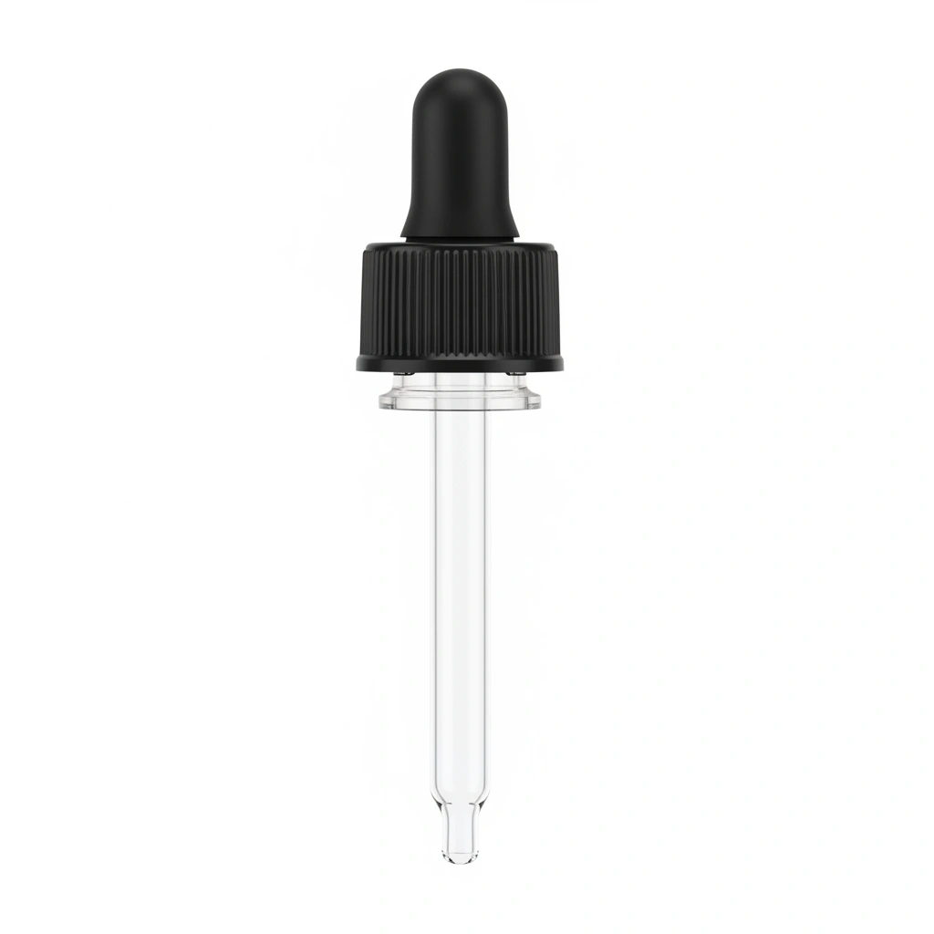 18-415 DROPPER ASSMBLY, BLACK PP, RIBBED SKIRT, TAMPER EVIDENT, 89MM PLASTIC PIPETTE